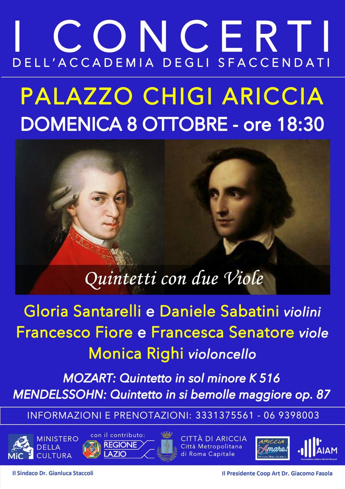 Due capolavori di Mozart e Mendelssohn al Palazzo Chigi di Ariccia: i Quintetti con due Viole